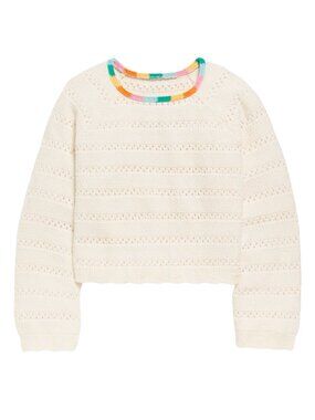 Girls Crochet Sweater L 10-12 Cream Rainbow Trim Cotton Old Navy